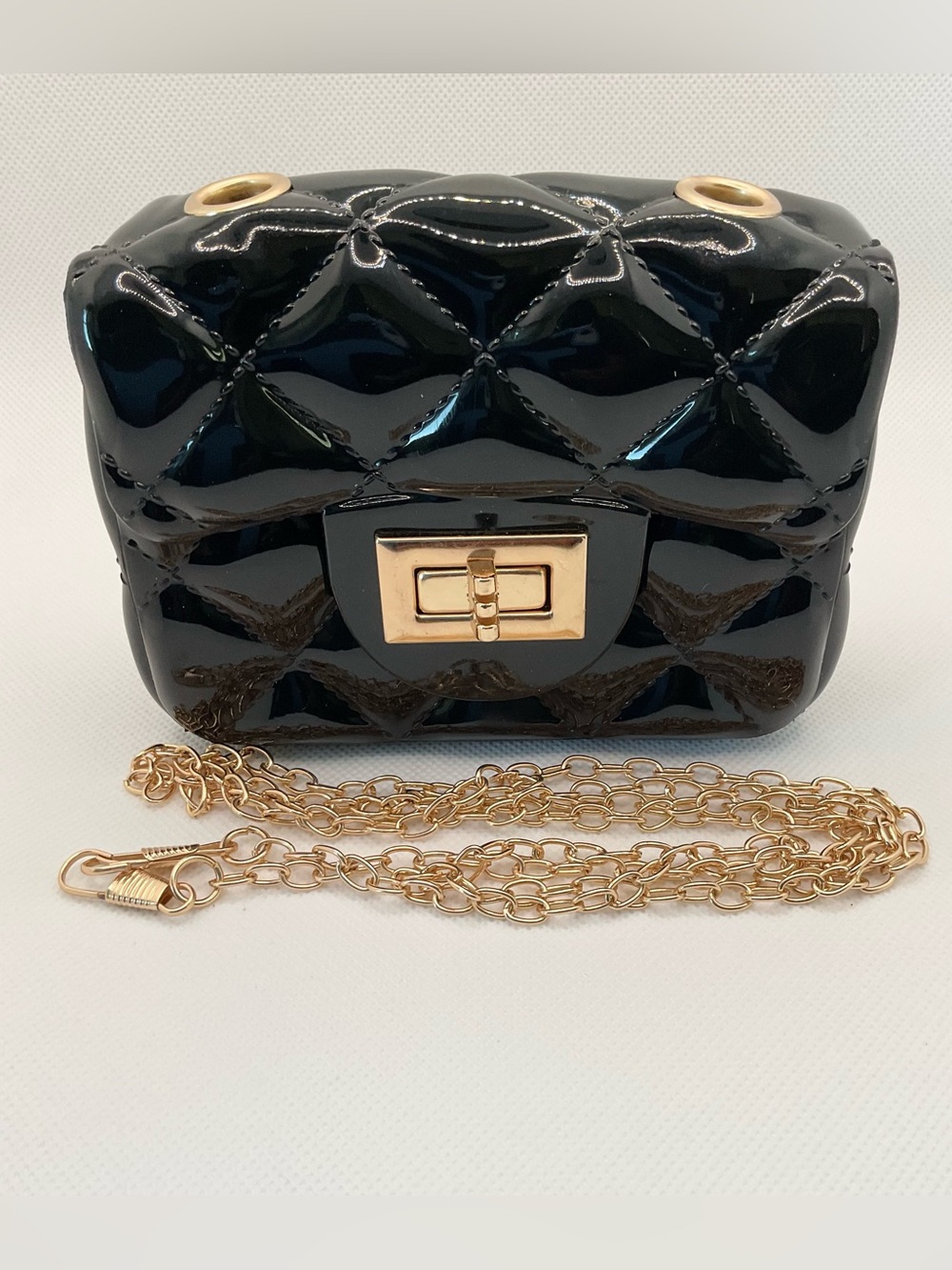 Black Quilted Patent Mini Crossbody Bag with Gold Chain | MayZai Boutique